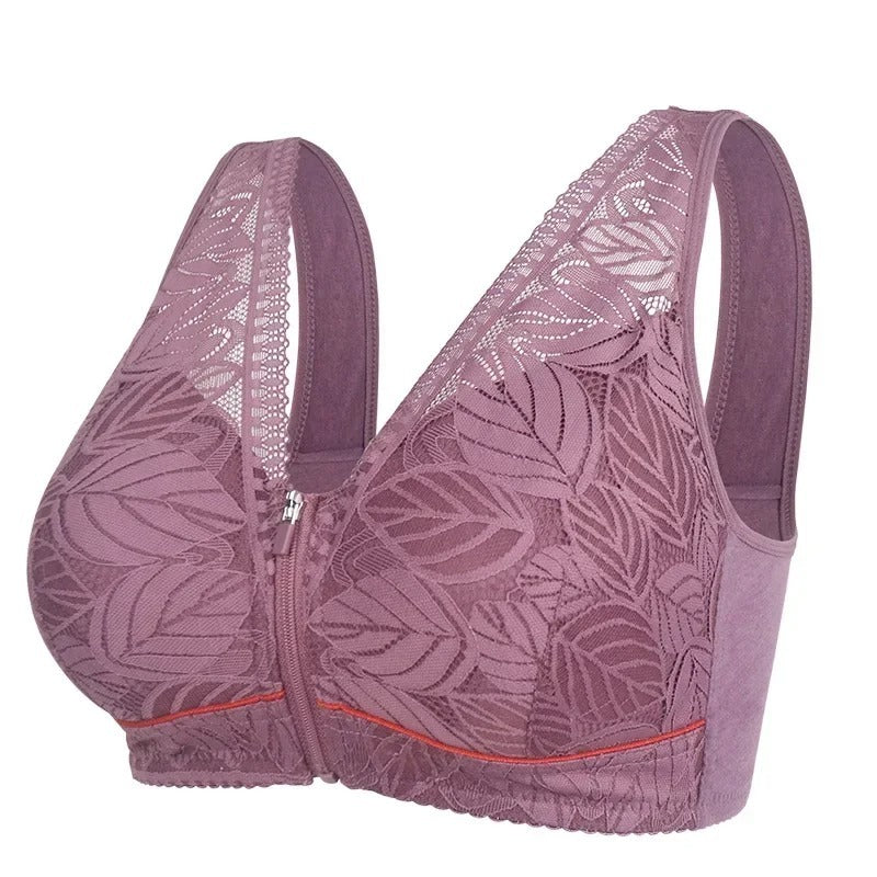 Soft Cotton Zipper Bra - Lace, Wireless, Breathable, Large Size for Women