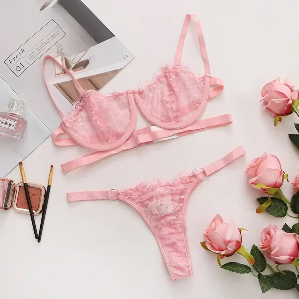 Sexy Lingerie Set - Transparent Bra & Embroidered Briefs, Push-Up