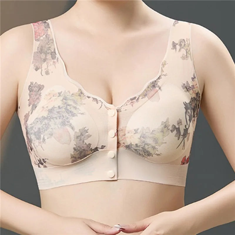 Flower Print Full Cup Bra - Front Button Closure, No Pads, For Moms