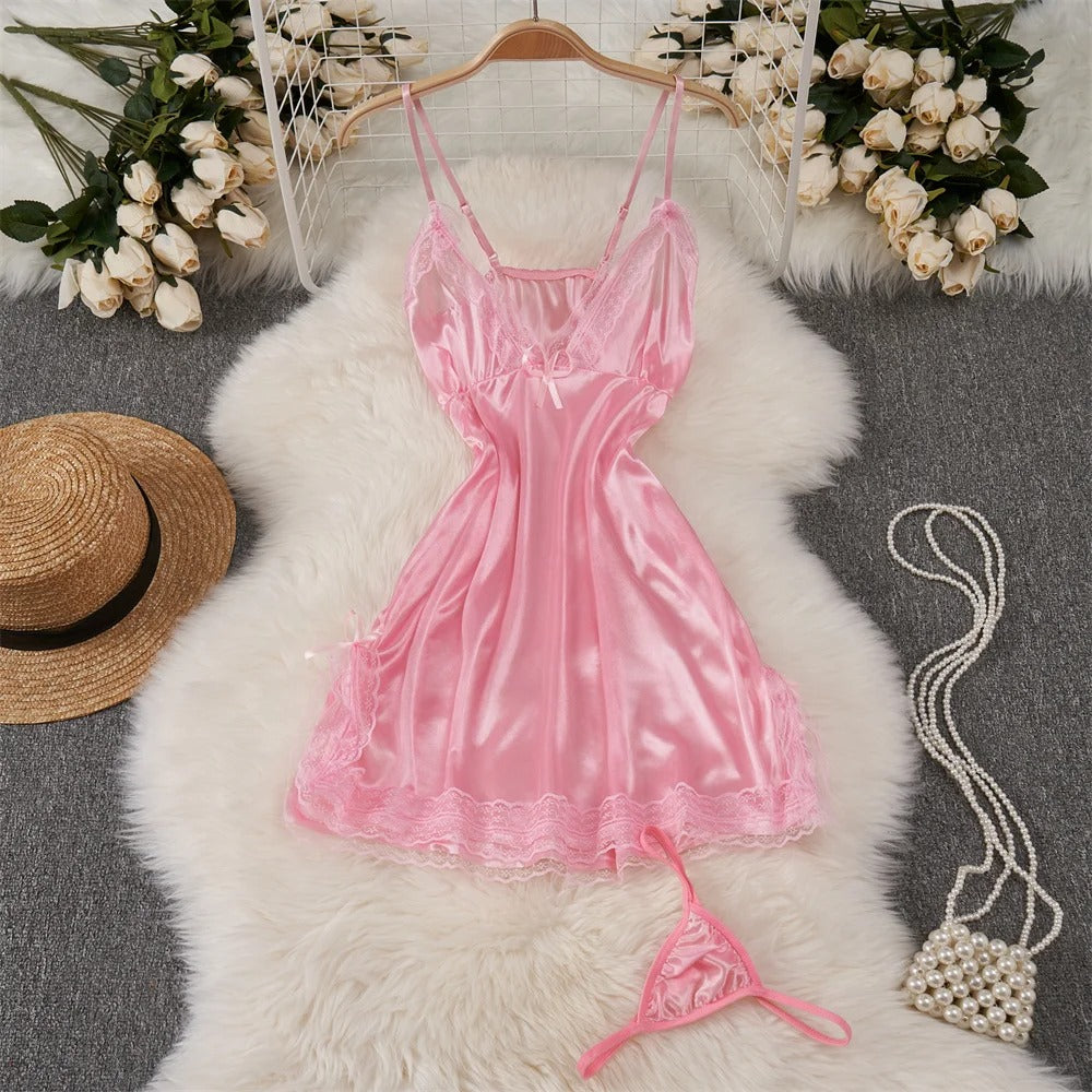 Sexy Deep V-Neck Lace Satin Nightgown - Retro High-Waist Sleepwear