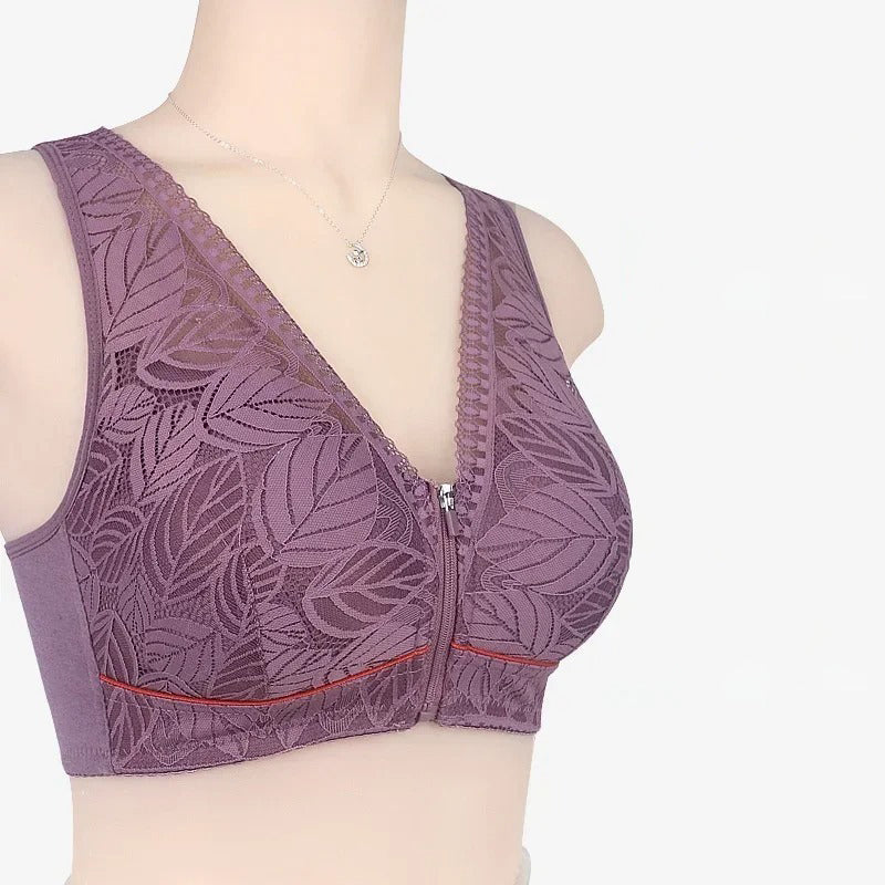 Soft Cotton Zipper Bra - Lace, Wireless, Breathable, Large Size for Women