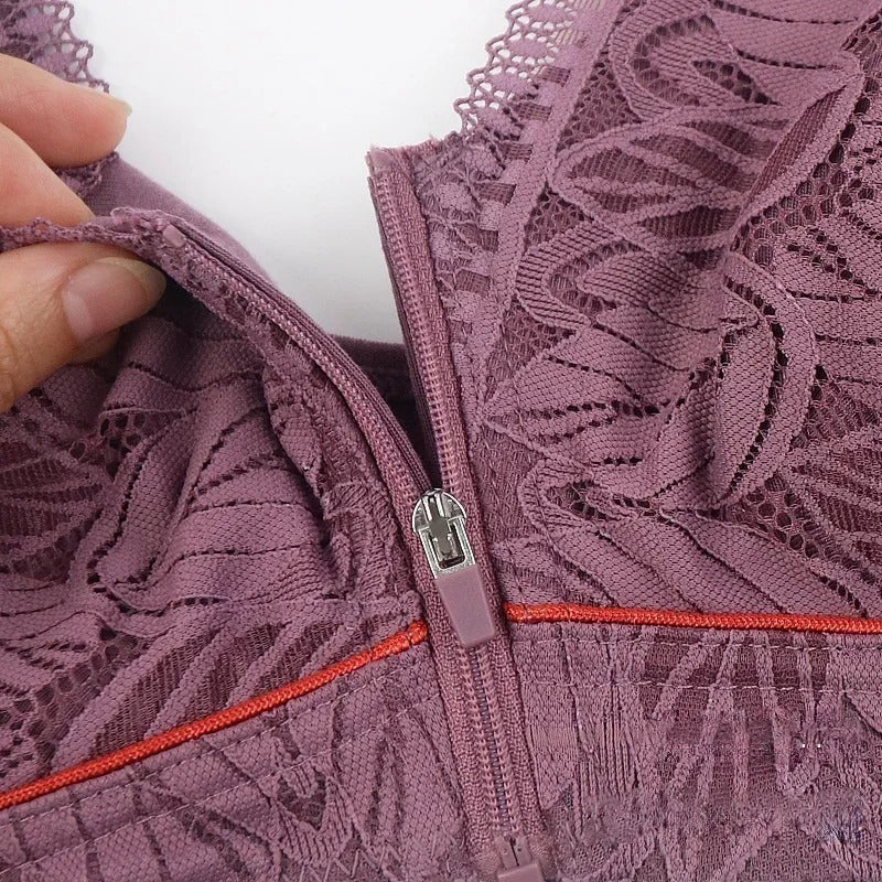 Soft Cotton Zipper Bra - Lace, Wireless, Breathable, Large Size for Women