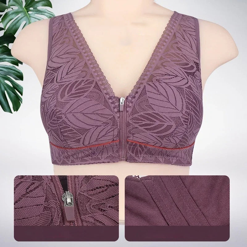 Soft Cotton Zipper Bra - Lace, Wireless, Breathable, Large Size for Women