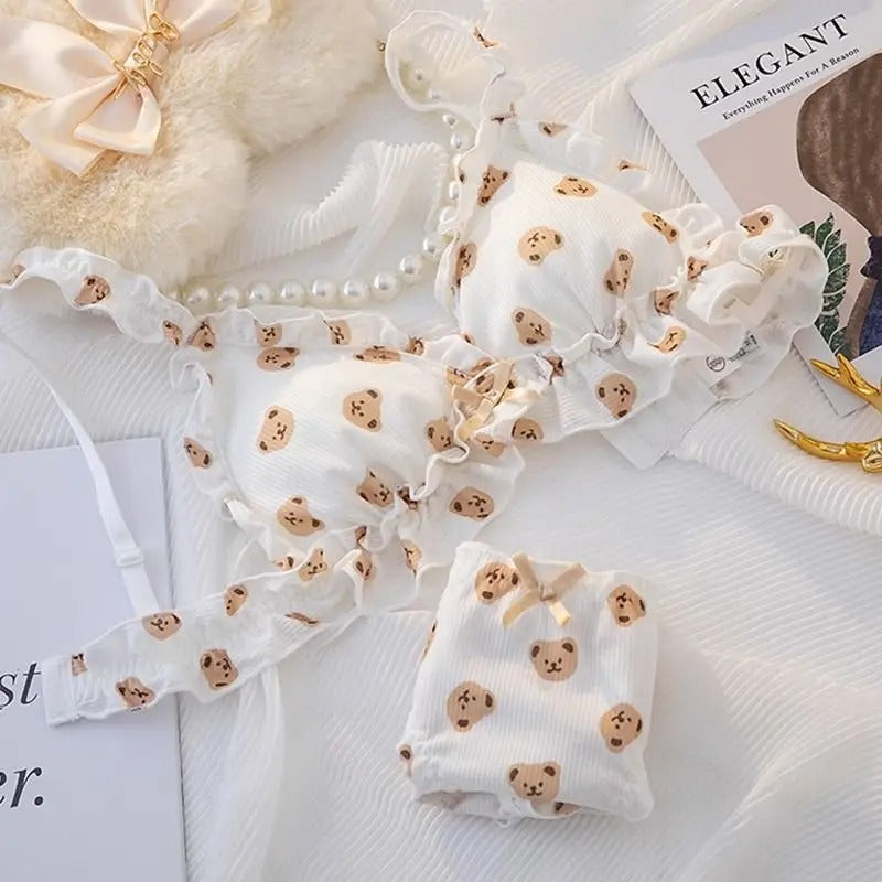 Cute Bear Bra Set - Ruffled Bow, Anti-Sagging, No Steel Ring