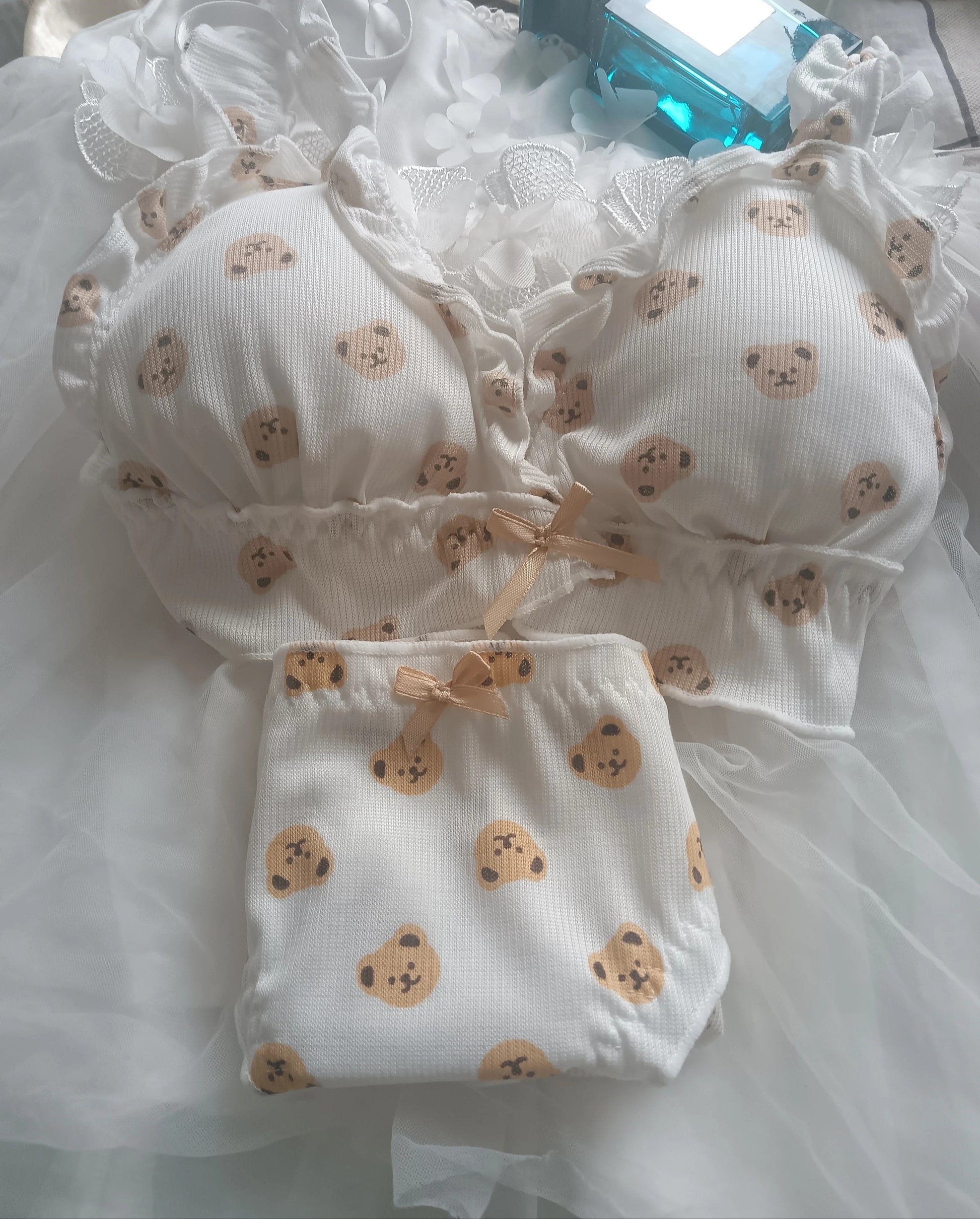 Cute Bear Bra Set - Ruffled Bow, Anti-Sagging, No Steel Ring