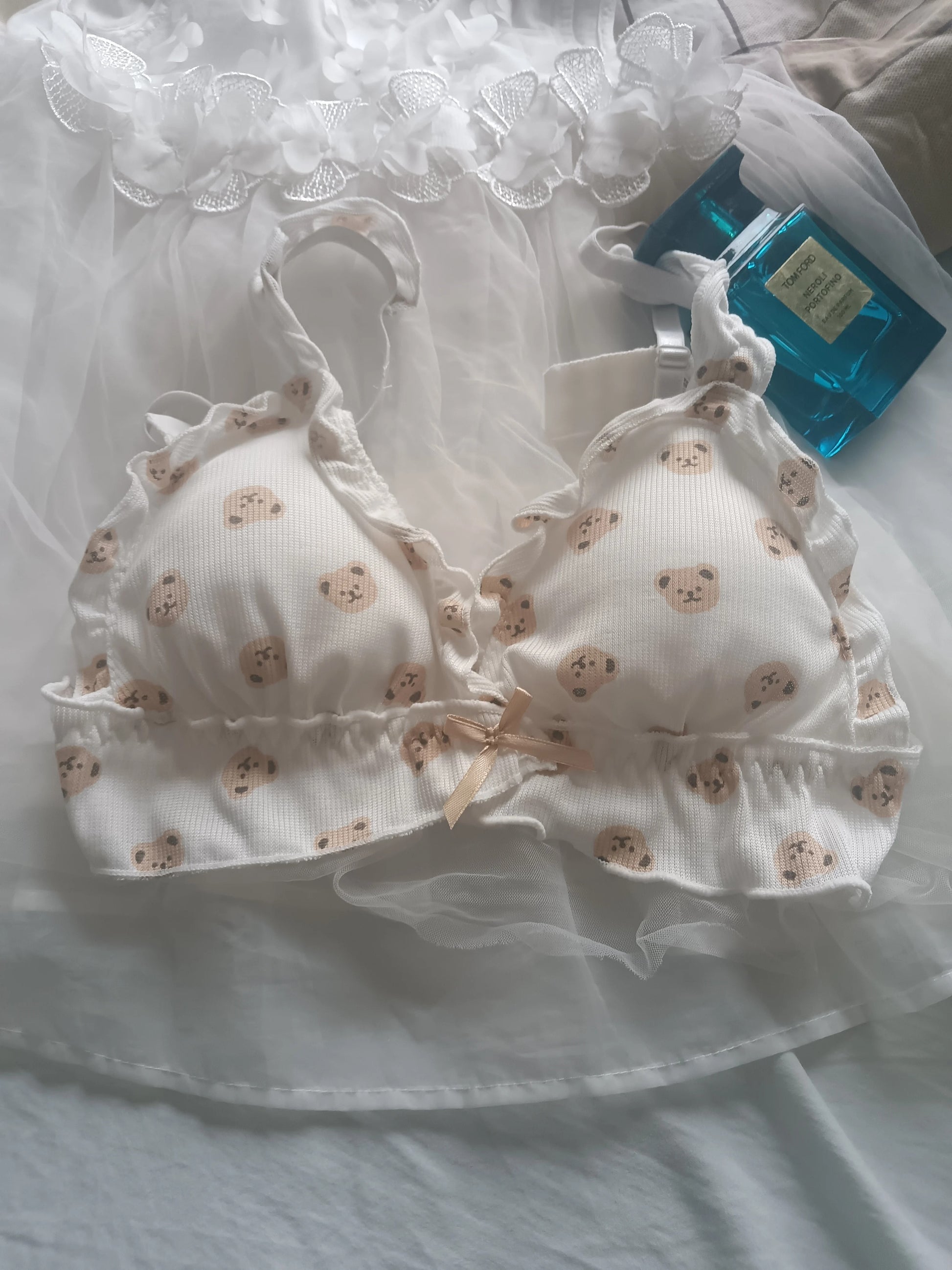 Cute Bear Bra Set - Ruffled Bow, Anti-Sagging, No Steel Ring