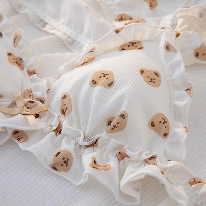 Cute Bear Bra Set - Ruffled Bow, Anti-Sagging, No Steel Ring