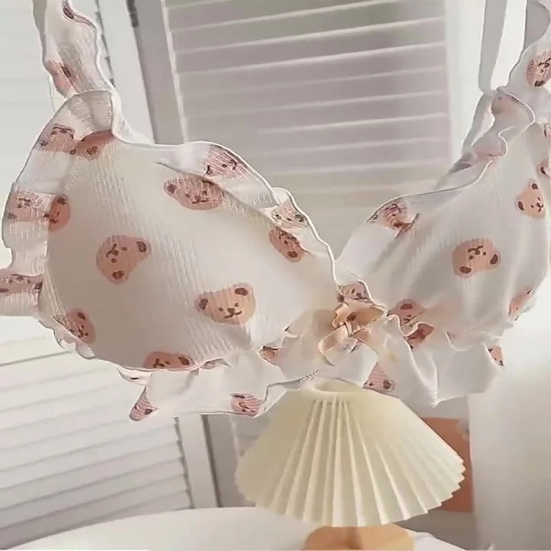 Cute Bear Bra Set - Ruffled Bow, Anti-Sagging, No Steel Ring