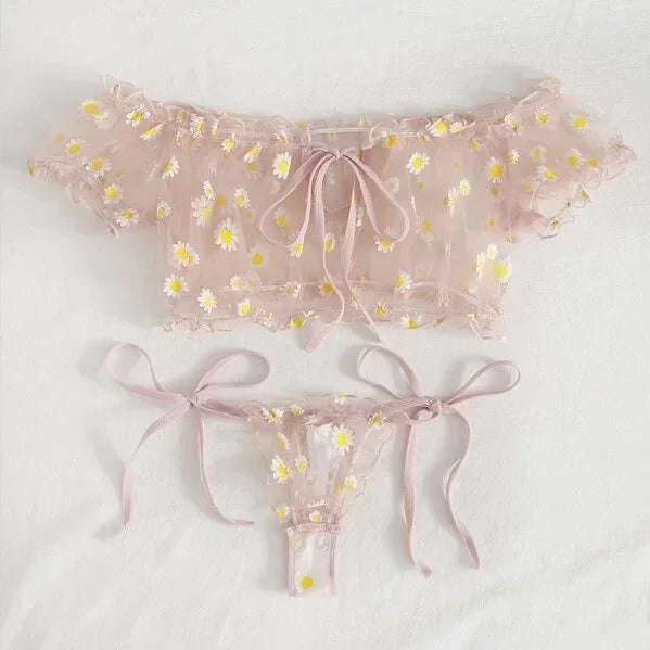 Sexy Lace Floral Bralette & Thong Set - Off-Shoulder, Wire-Free, Transparent