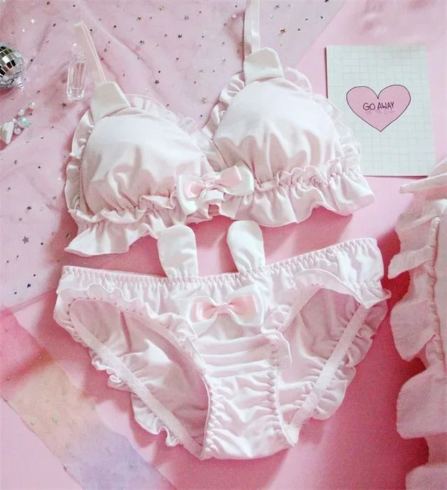 Shizzels & Ruffle Lingerie Set - Cute Rabbit Ears Bra & Panties