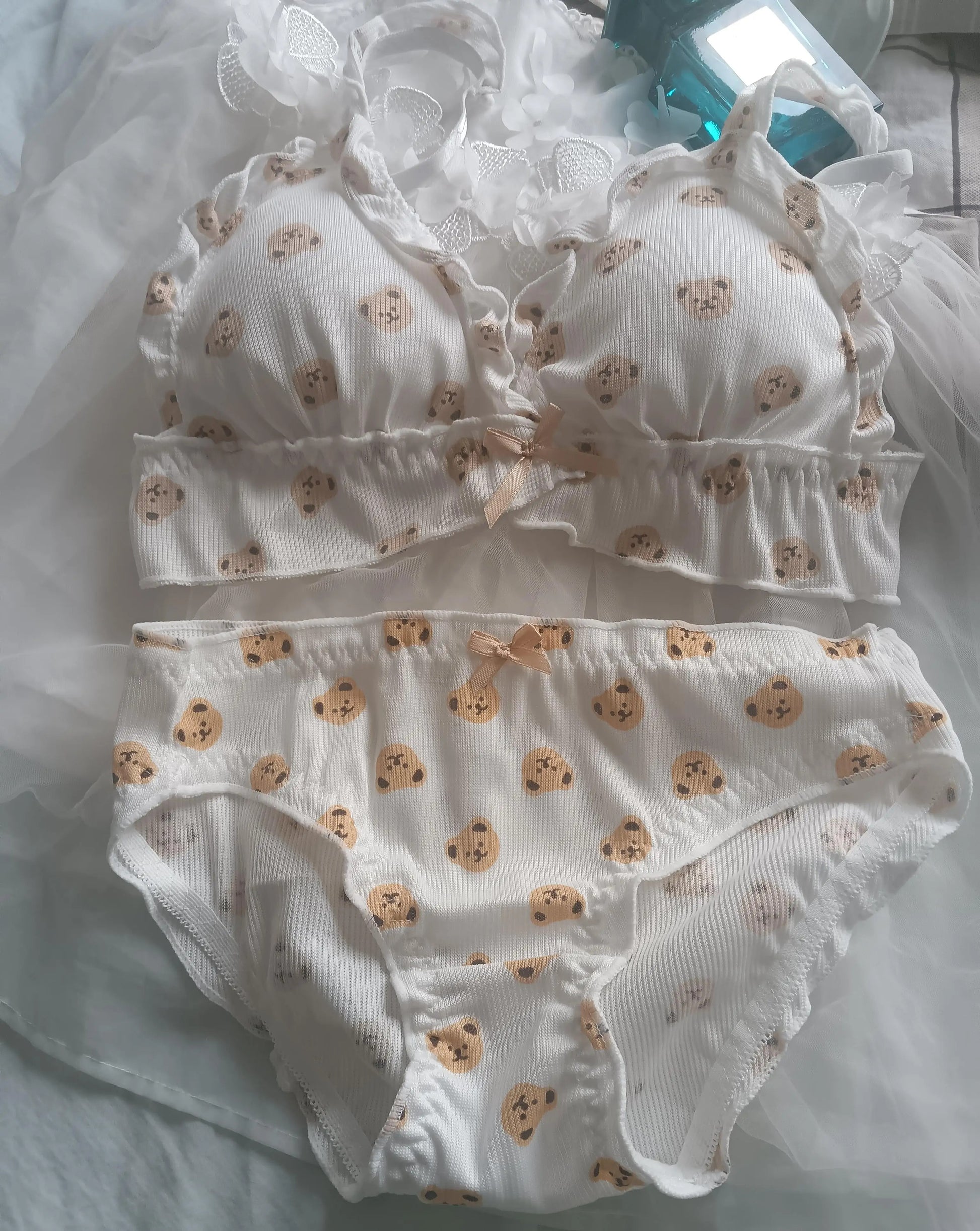 Cute Bear Bra Set - Ruffled Bow, Anti-Sagging, No Steel Ring