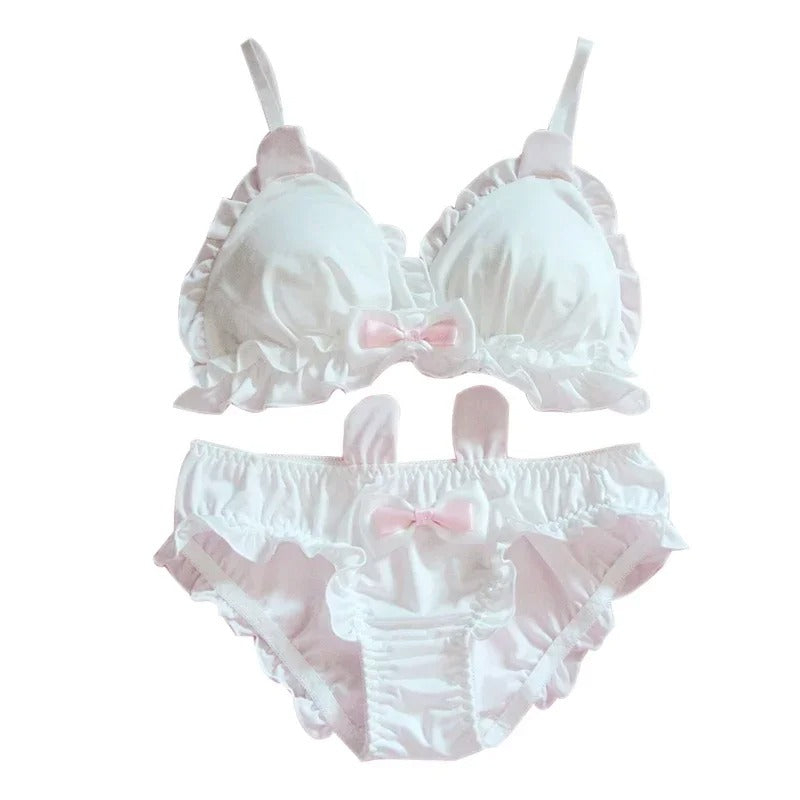 Shizzels & Ruffle Lingerie Set - Cute Rabbit Ears Bra & Panties