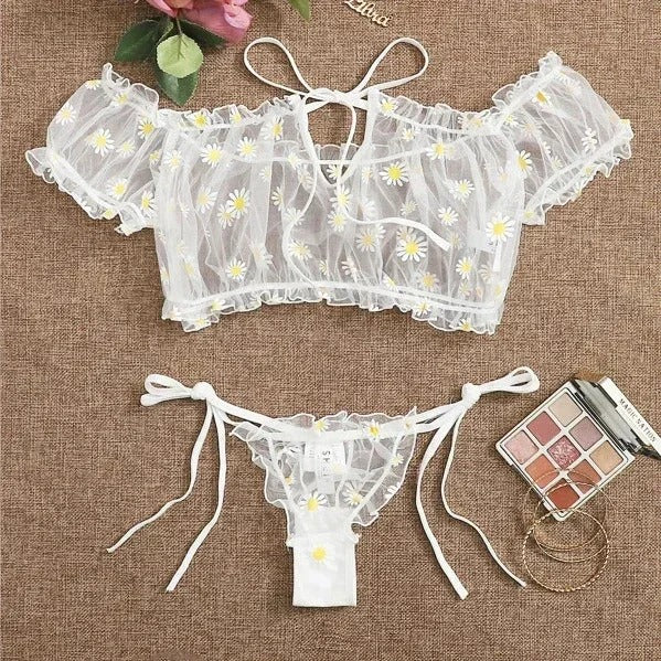 Sexy Lace Floral Bralette & Thong Set - Off-Shoulder, Wire-Free, Transparent