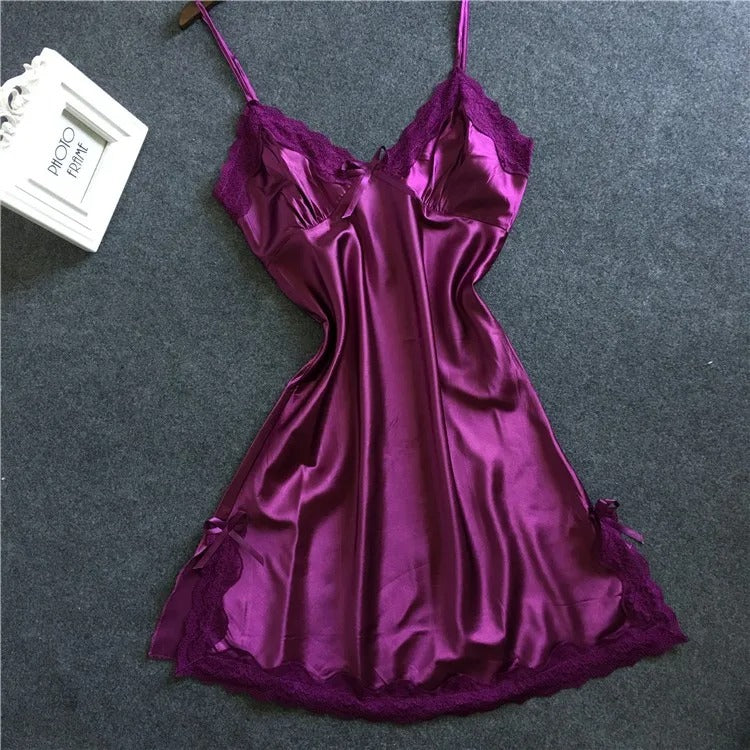 Sexy Deep V-Neck Lace Satin Nightgown - Retro High-Waist Sleepwear