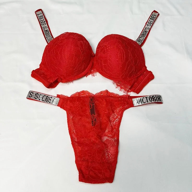 Fashionable Rhinestone Push-Up Bra & Panty Set - Large Size